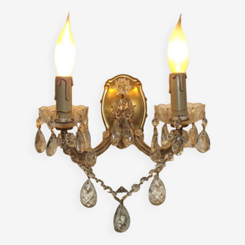 French vintage traditional style double brass glass & crystal wall light 4706