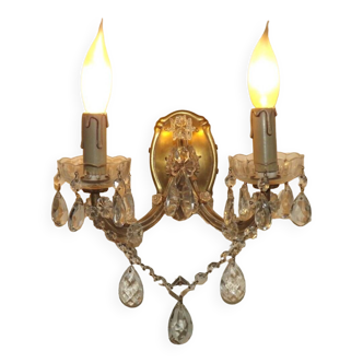 French vintage traditional style double brass glass & crystal wall light 4706
