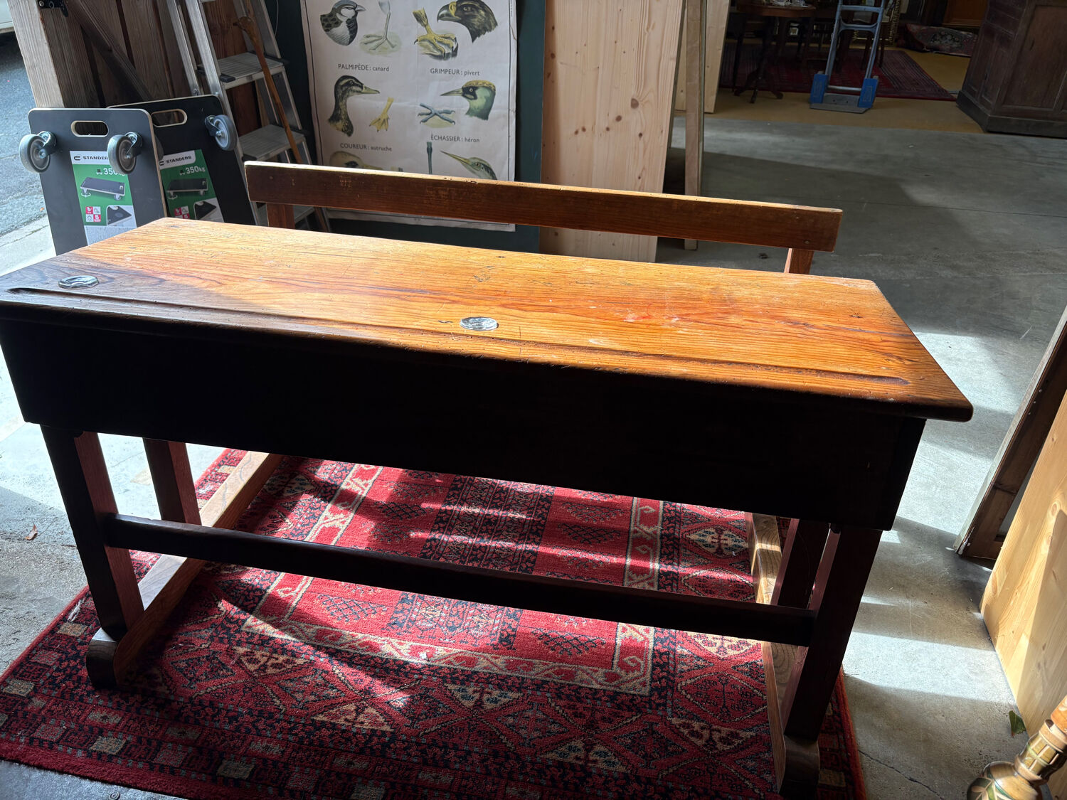 Wooden school desk with integrated bench, France, 1950s