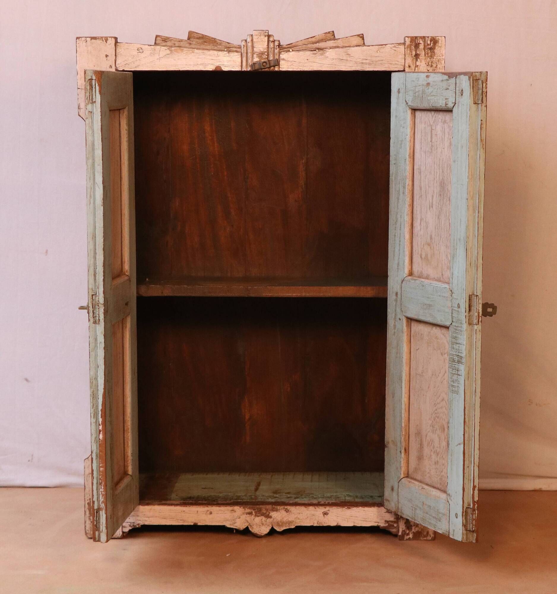 Old art deco cabinet in original turquoise-pink patina Burmese teak