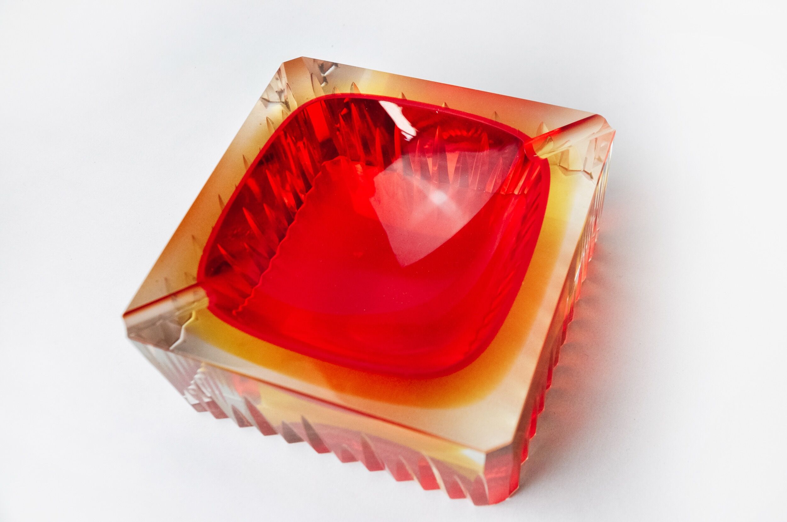 Red and yellow cubic Sommerso ashtray by Seguso, Murano, Italy, 1970