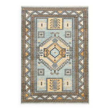 Decorative Wool Area Rug with Geometric Medallion Design. Hand-knotted Oushak Carpet