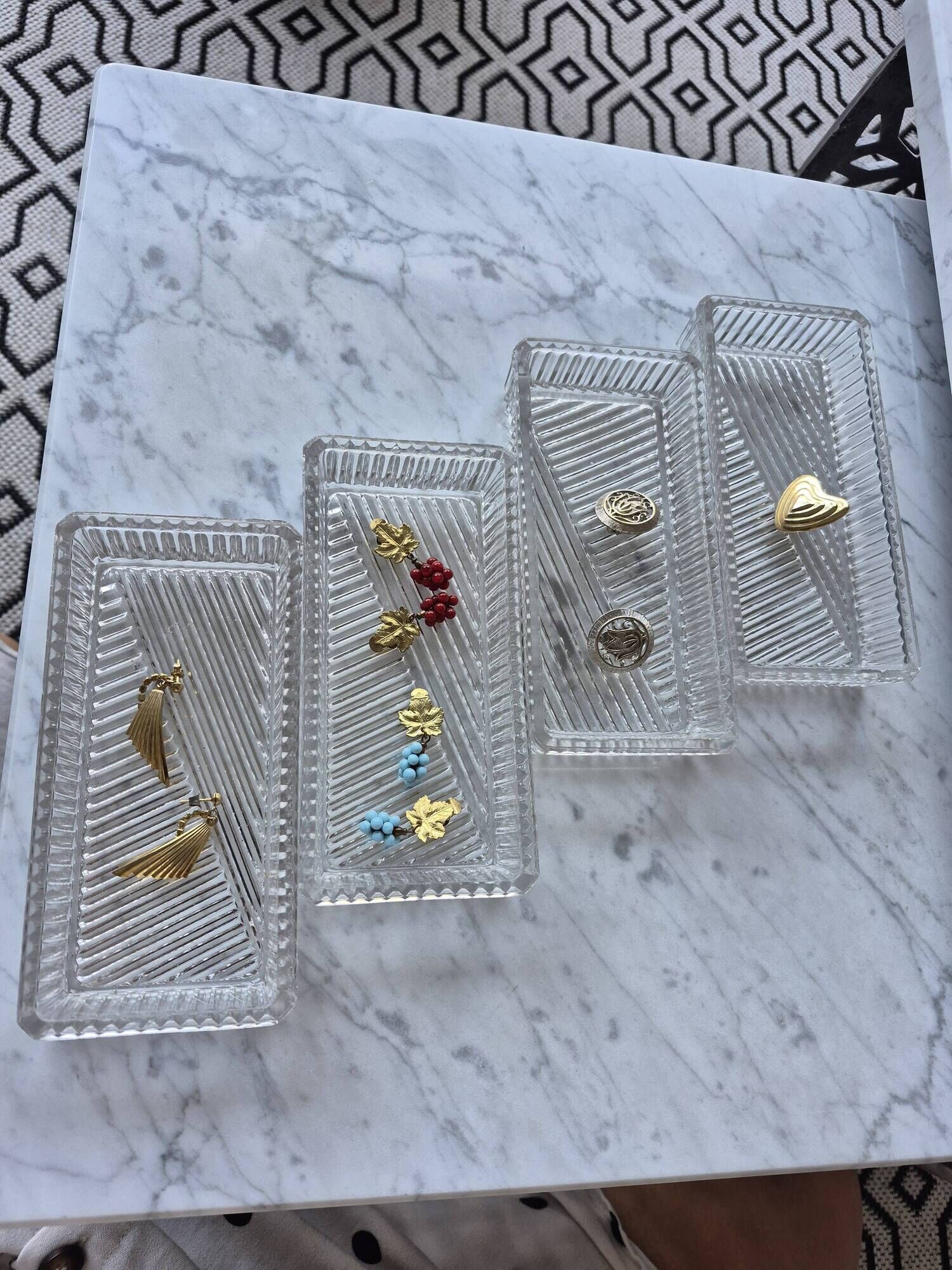 Set of 4 small bevelled and striped vintage glass trays / catchalls.