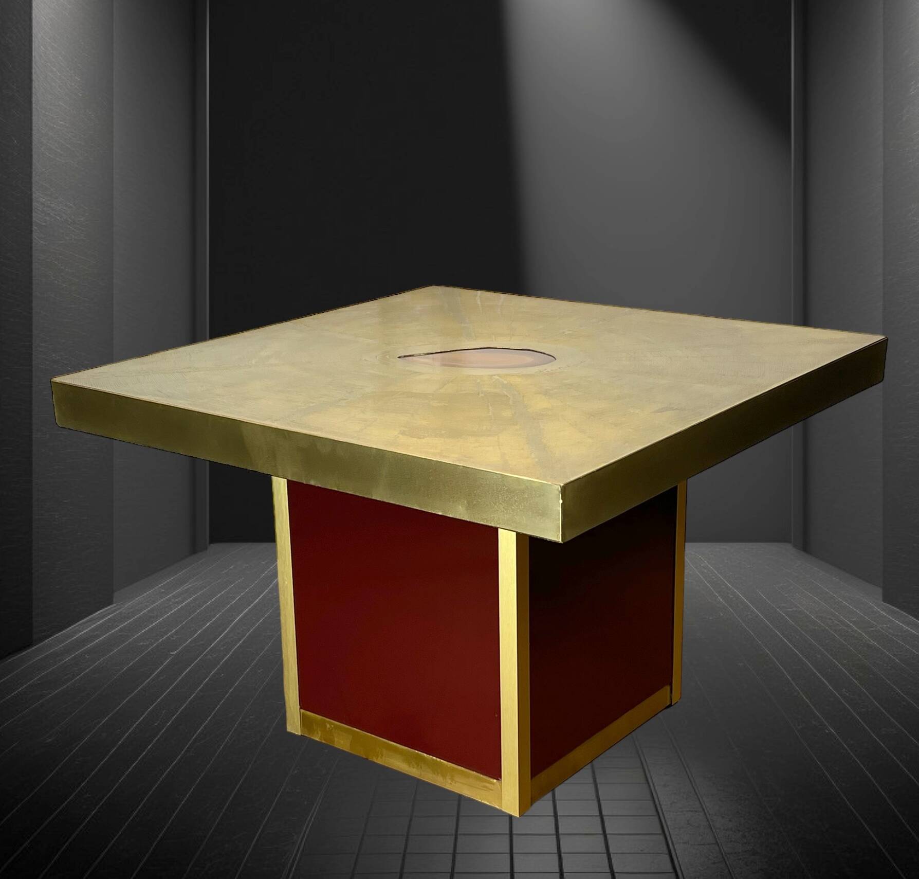 Table basse vintage signé paco rabane des années 70 en laiton gravé et agate