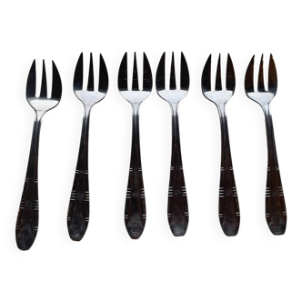 6 small stainless steel forks, lumen inox, chiseled metal, fillet model, vintage