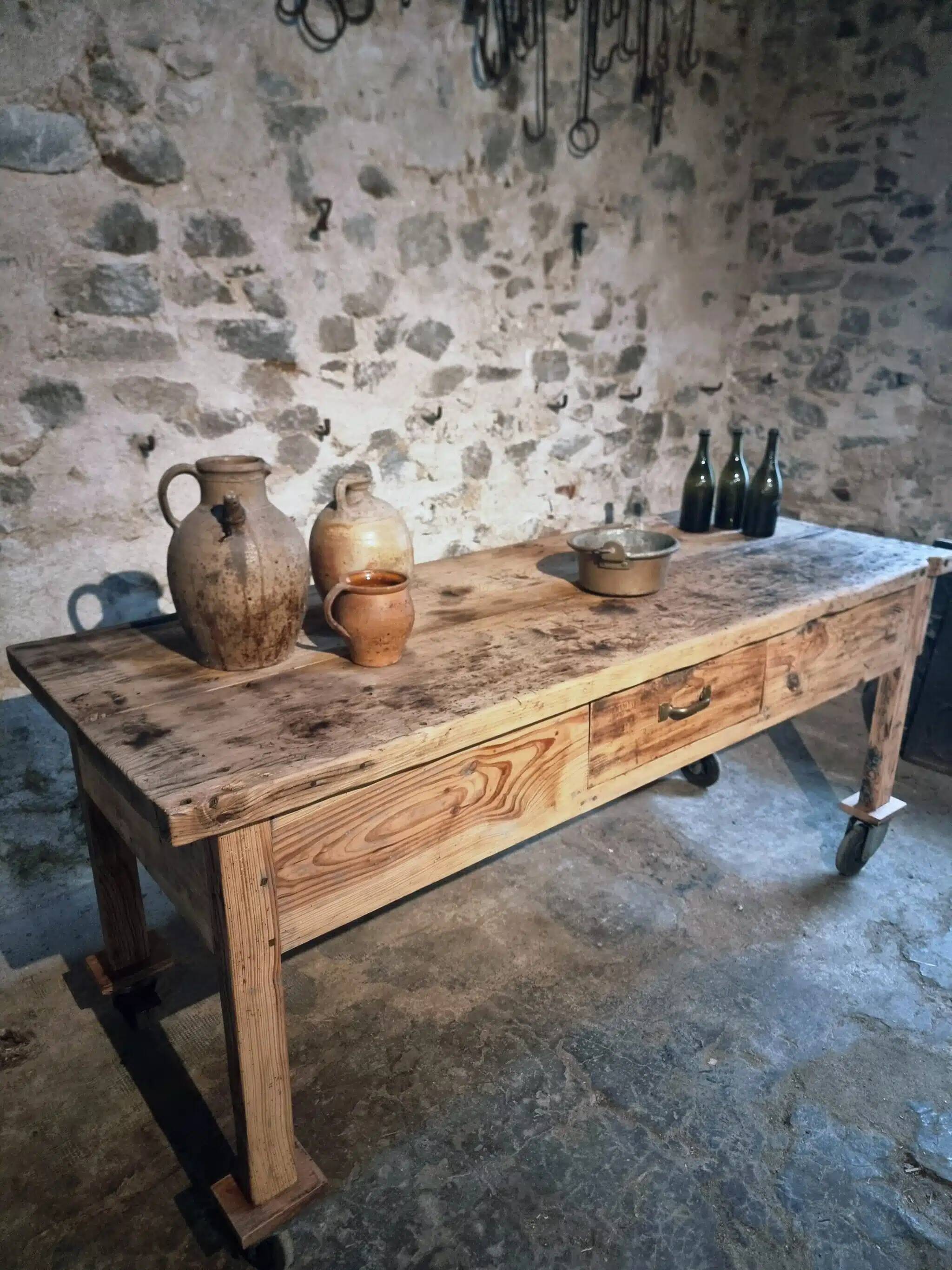 Vintage French pine work table, 1930s industrial kitchen island with drawer and casters