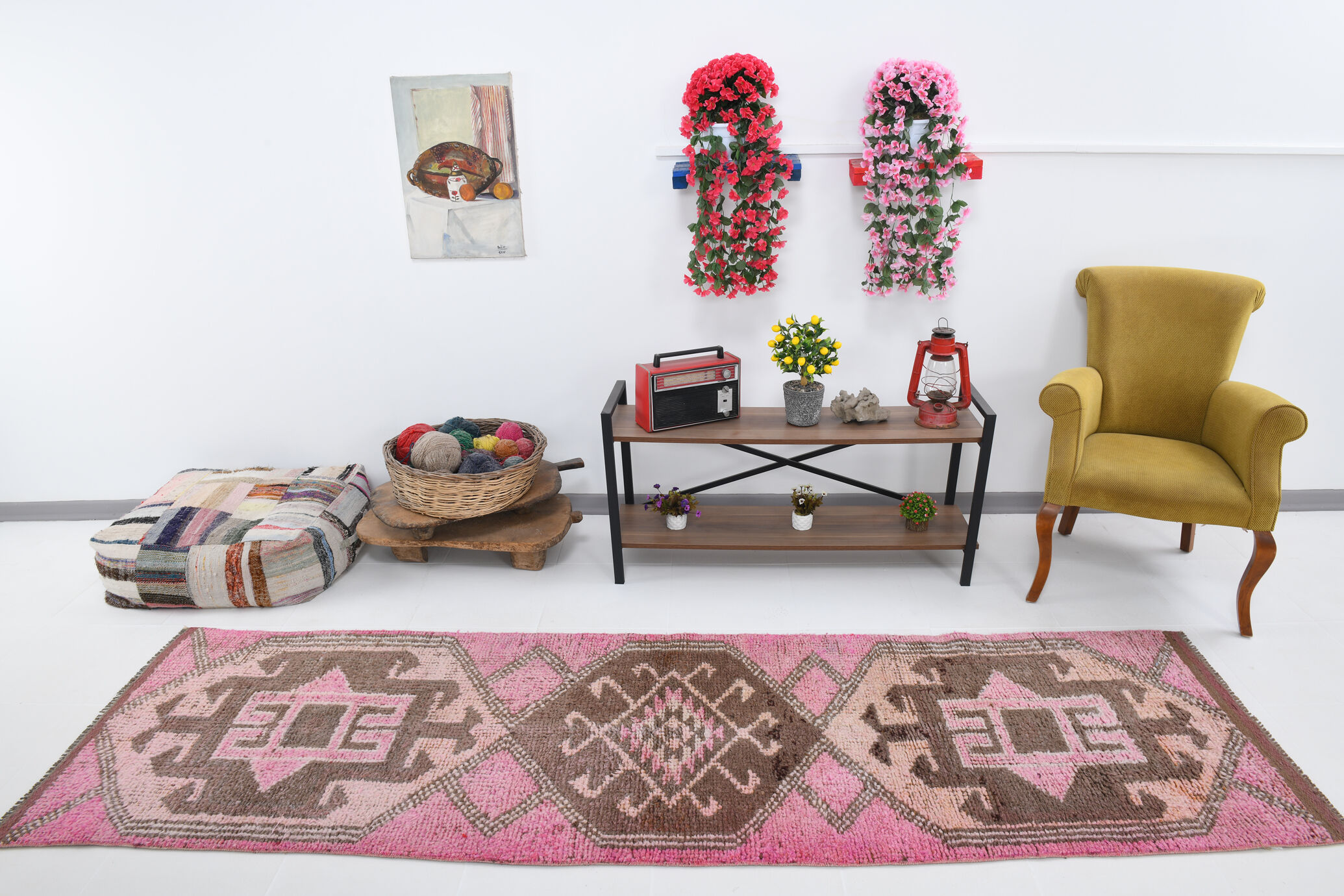 3x10 pink and brown herki runner rug, 307x88cm