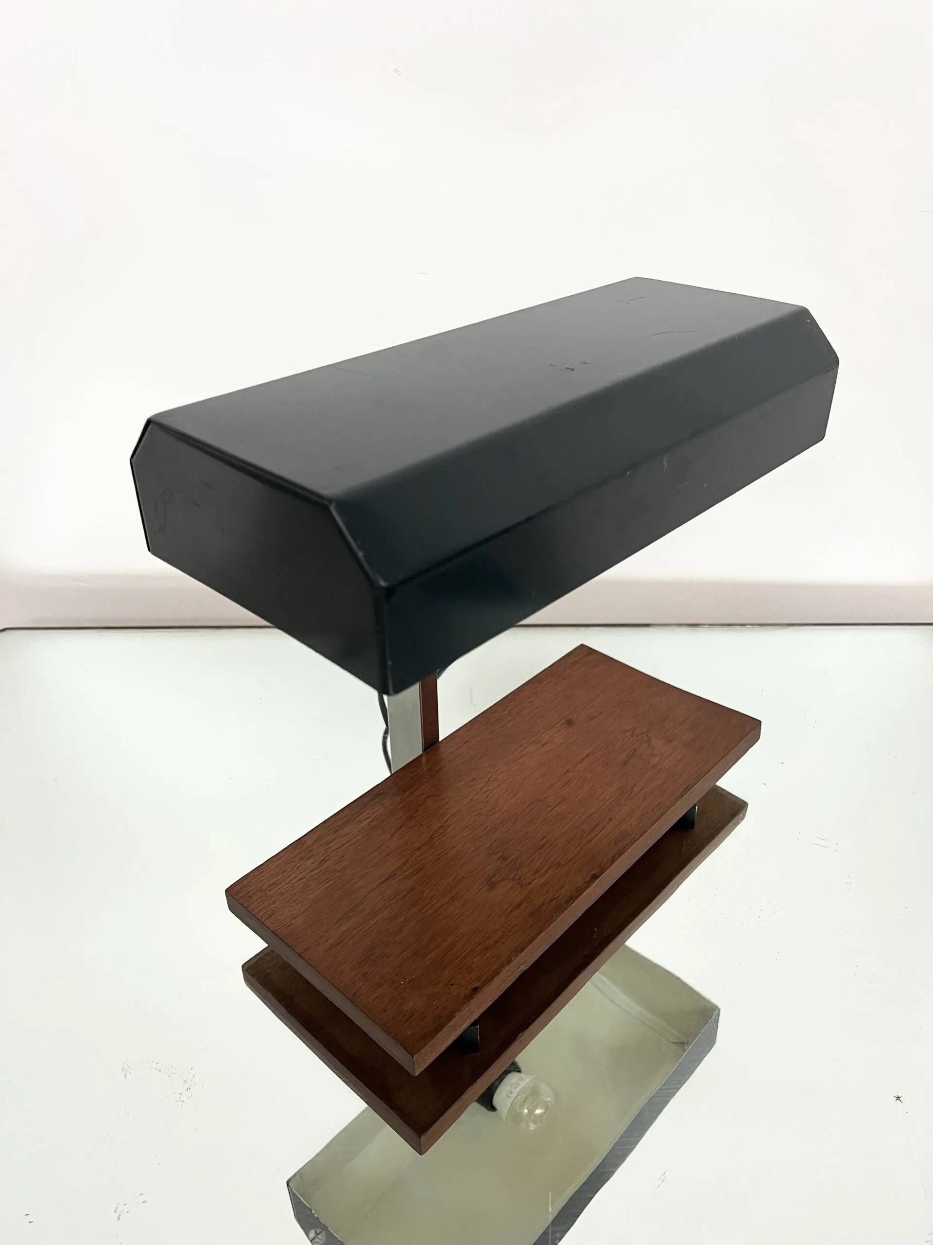 1950s desk lamp with teak base and grey lacquered metal