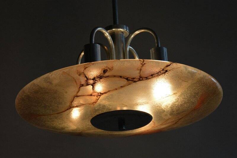 Art Deco Chandelier in Aluminium and Marbled Glass, Czech, 1940s