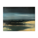 Oil on panel: sunrise by the sea