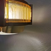 Danish hanging lamp, made in brass colored and brown metal, with yellowish hard pressed plastic deta