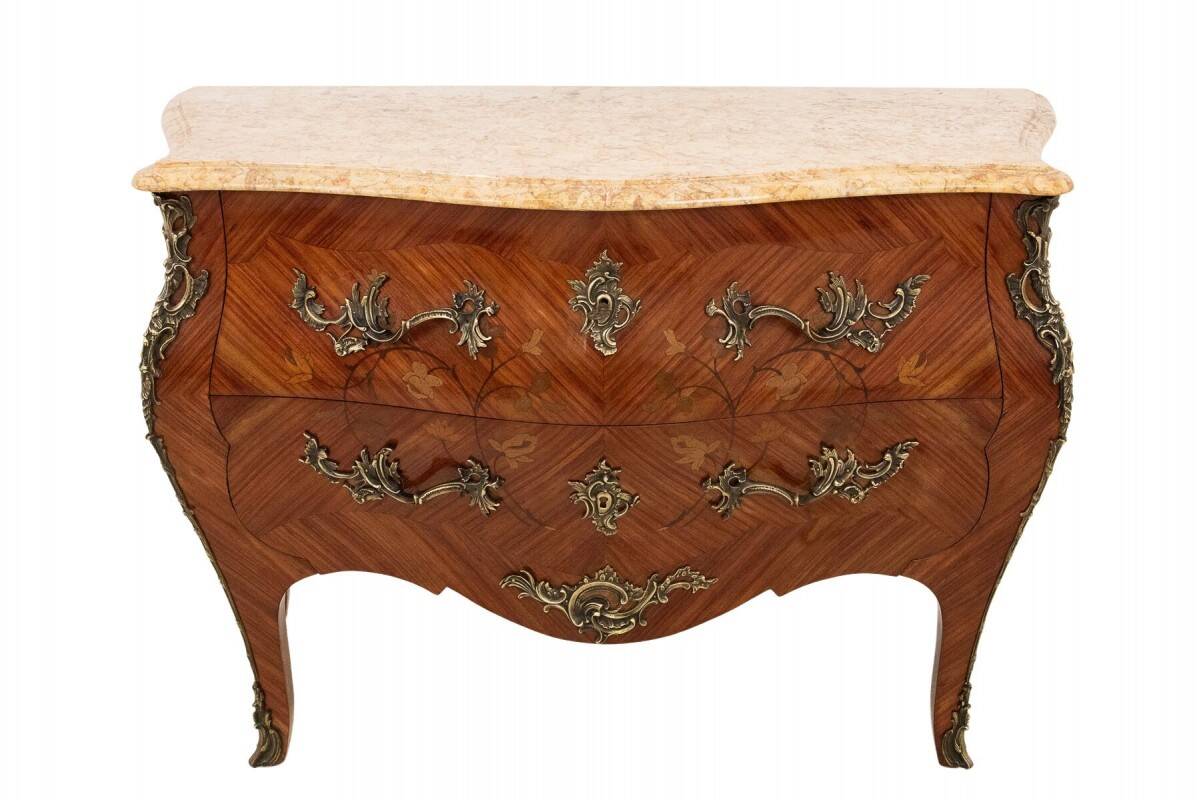 Inlaid chest of drawers with a marble top in the Louis XV style, France