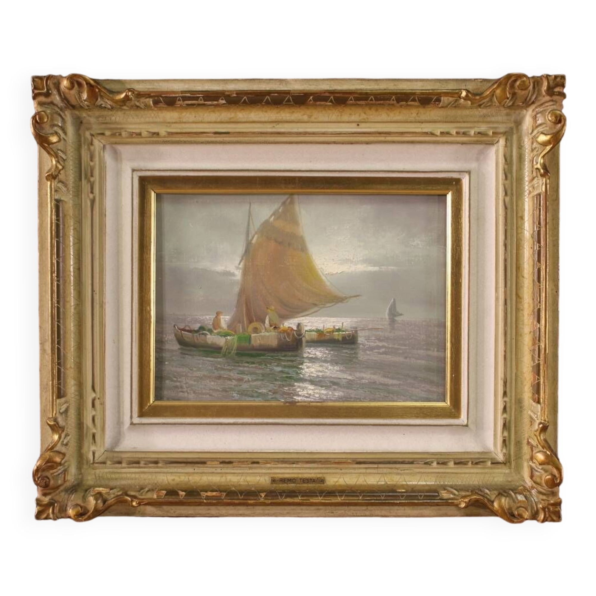 Seascape painting signed Remo Testa, fishermen at dawn
