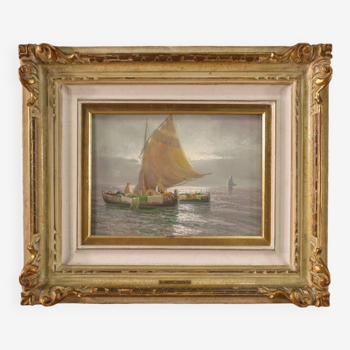 Tableau de paysage marin signé Remo Testa, pêcheurs à l'aube