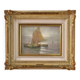 Tableau de paysage marin signé Remo Testa, pêcheurs à l'aube