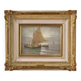 Tableau de paysage marin signé Remo Testa, pêcheurs à l'aube