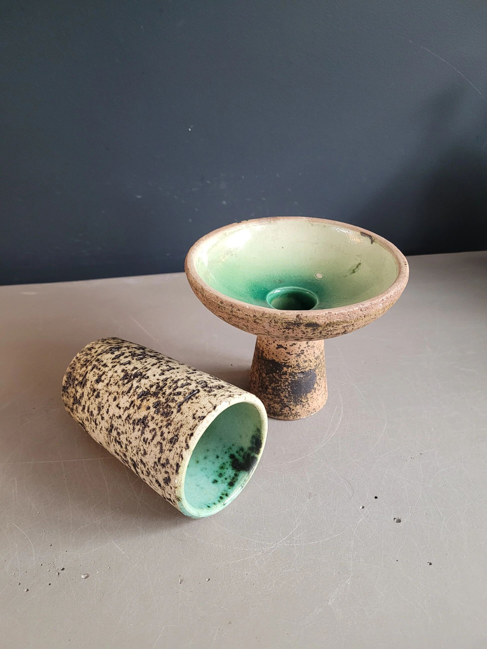 Brutalist ceramic vase and candlestick set