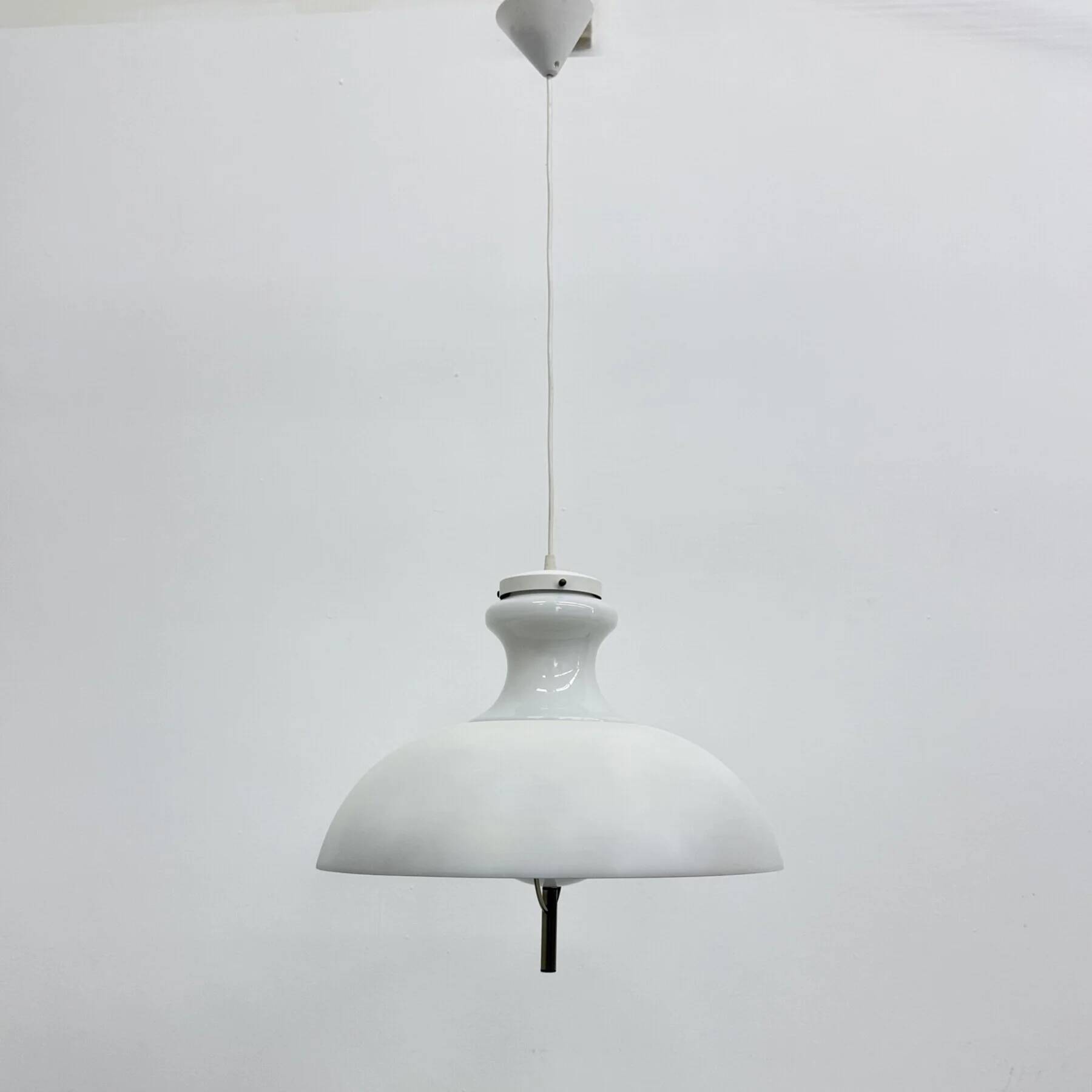 Vintage glass hanging lamp with metal shade minimalist design, 1970s