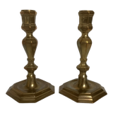 Pair of old brass polygon candlesticks