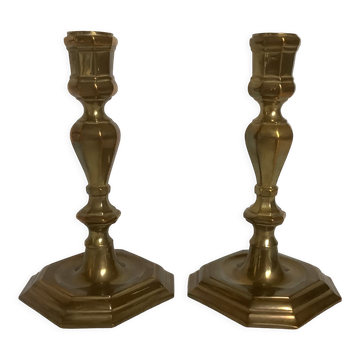 Pair of antique polygonal brass candlesticks