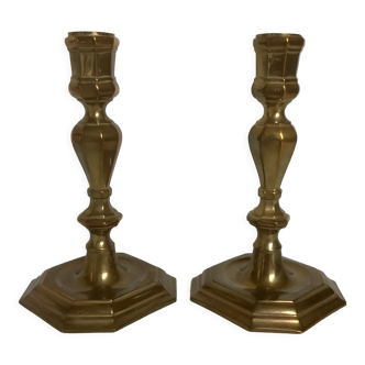 Pair of old brass polygon candlesticks