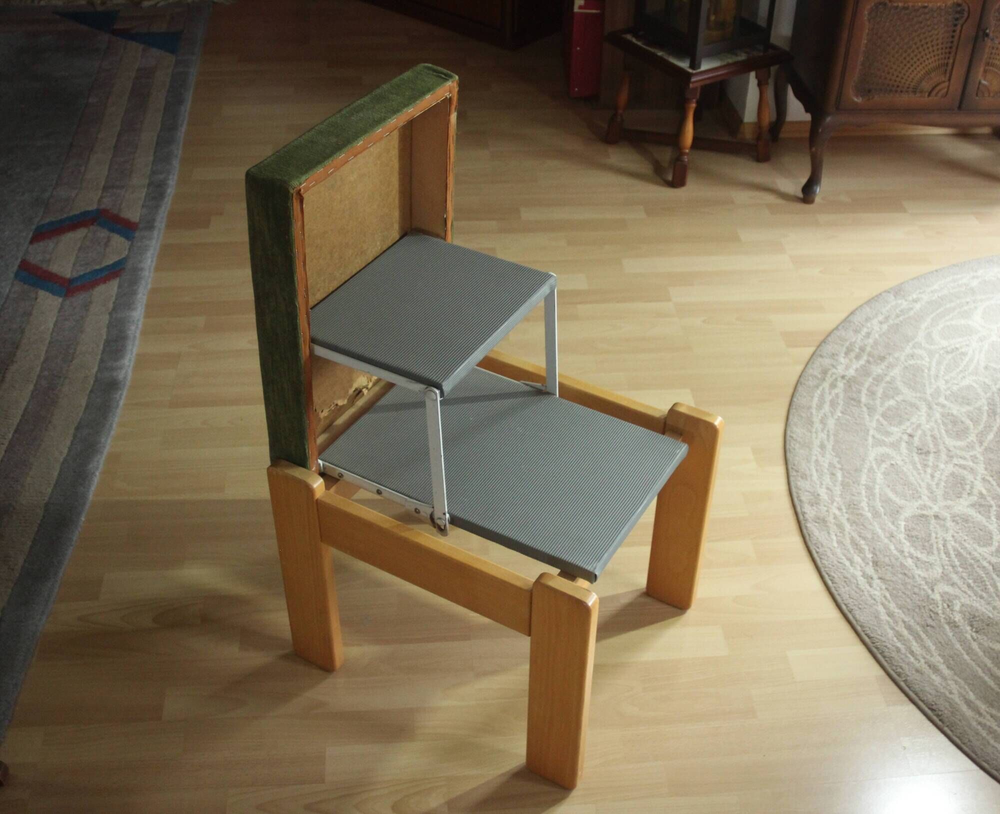 1970s bedroom stool, made of wood, metal and fabric, step stool, library stool, vintage