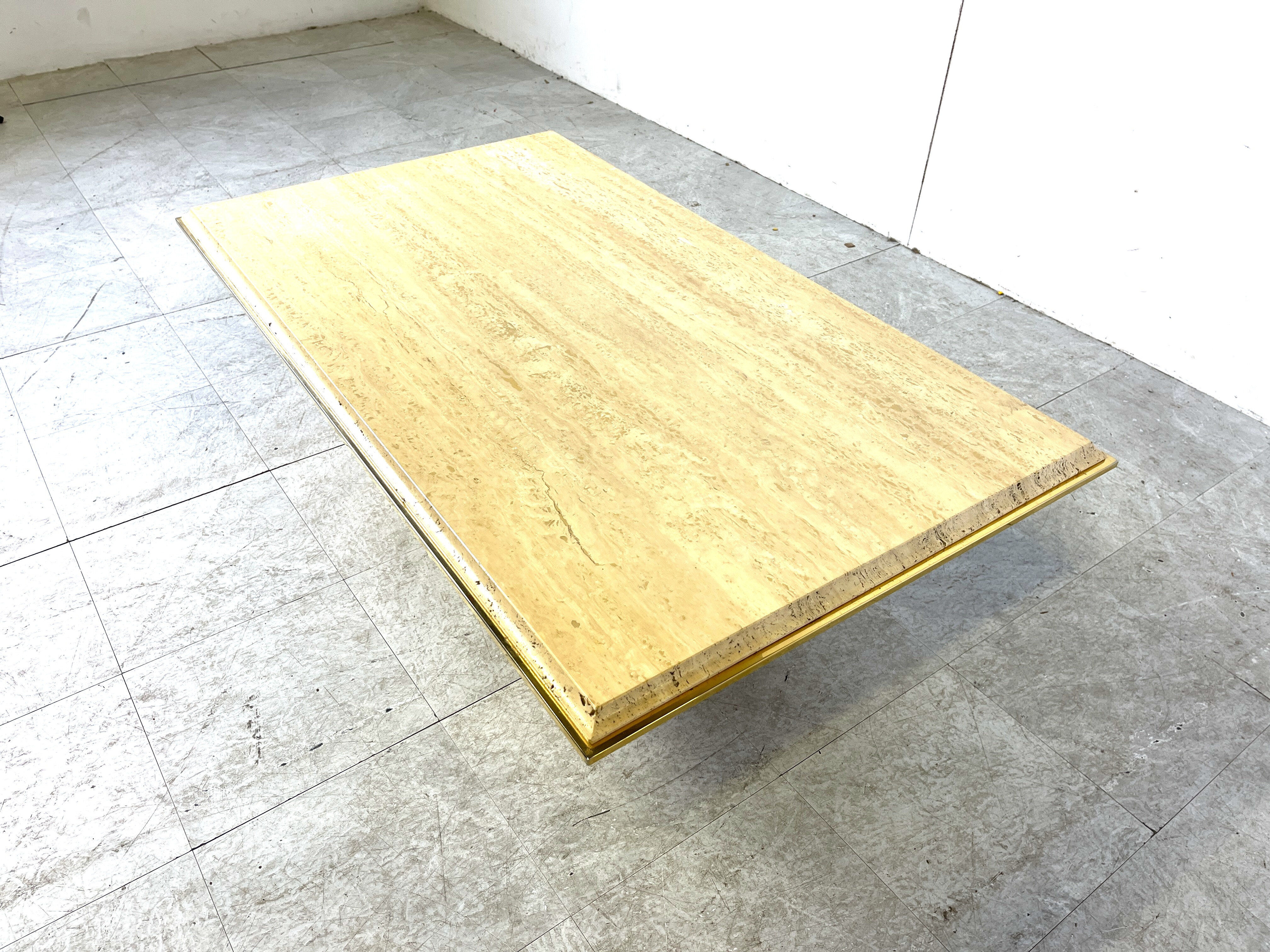 Table basse en travertin et laiton par Fedam, années 1970
