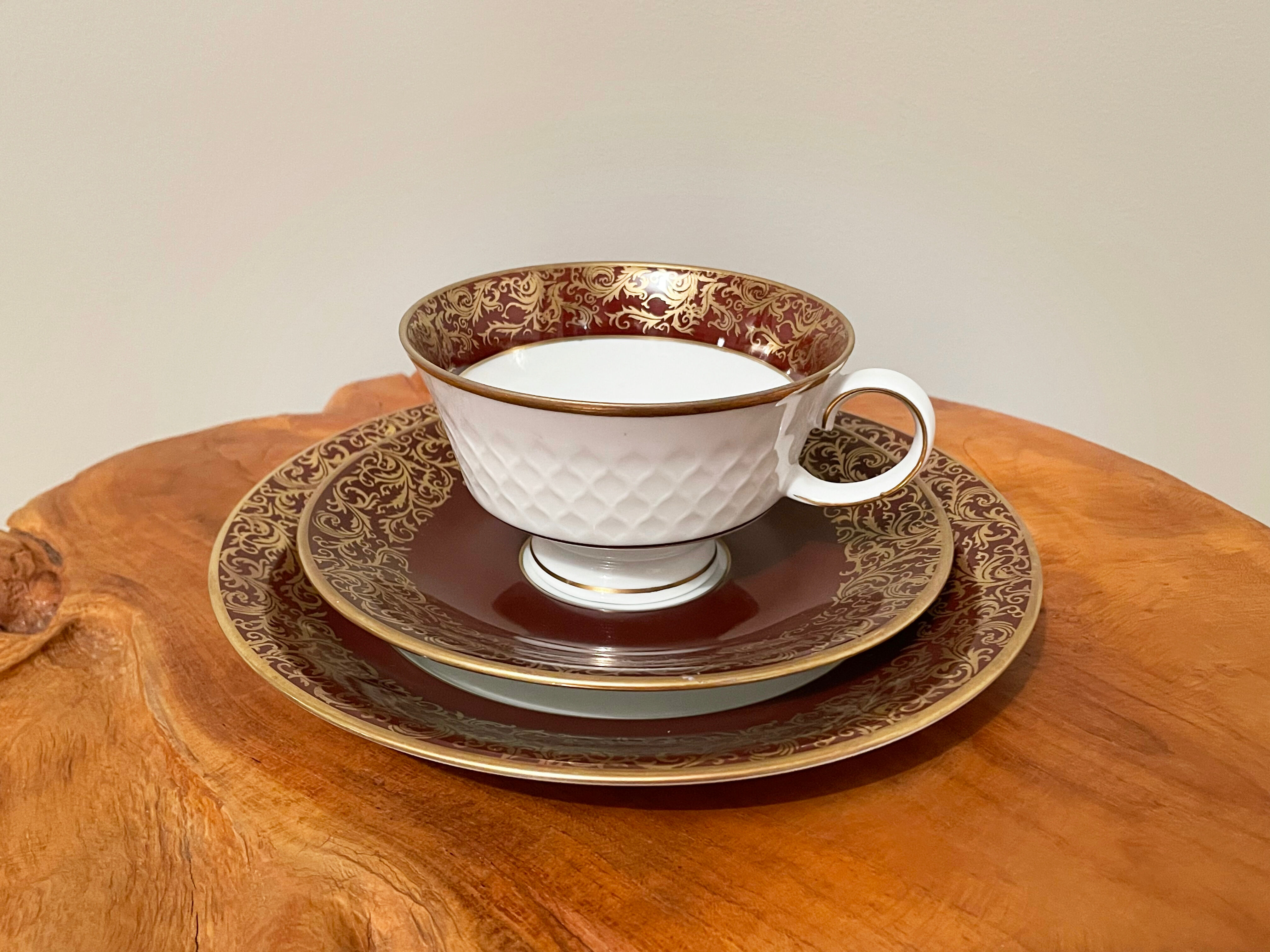 Reichenbach brown teacup trio set with saucer and plate, east-german fine china made in 1968-1990