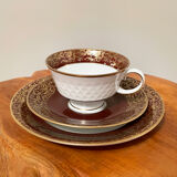 Reichenbach brown teacup trio set with saucer and plate, east-german fine china made in 1968-1990