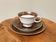 Ensemble trio de tasses à thé marron Reichenbach avec soucoupe et assiette, porcelaine fine est-allemande fabriquée en 1968-1990