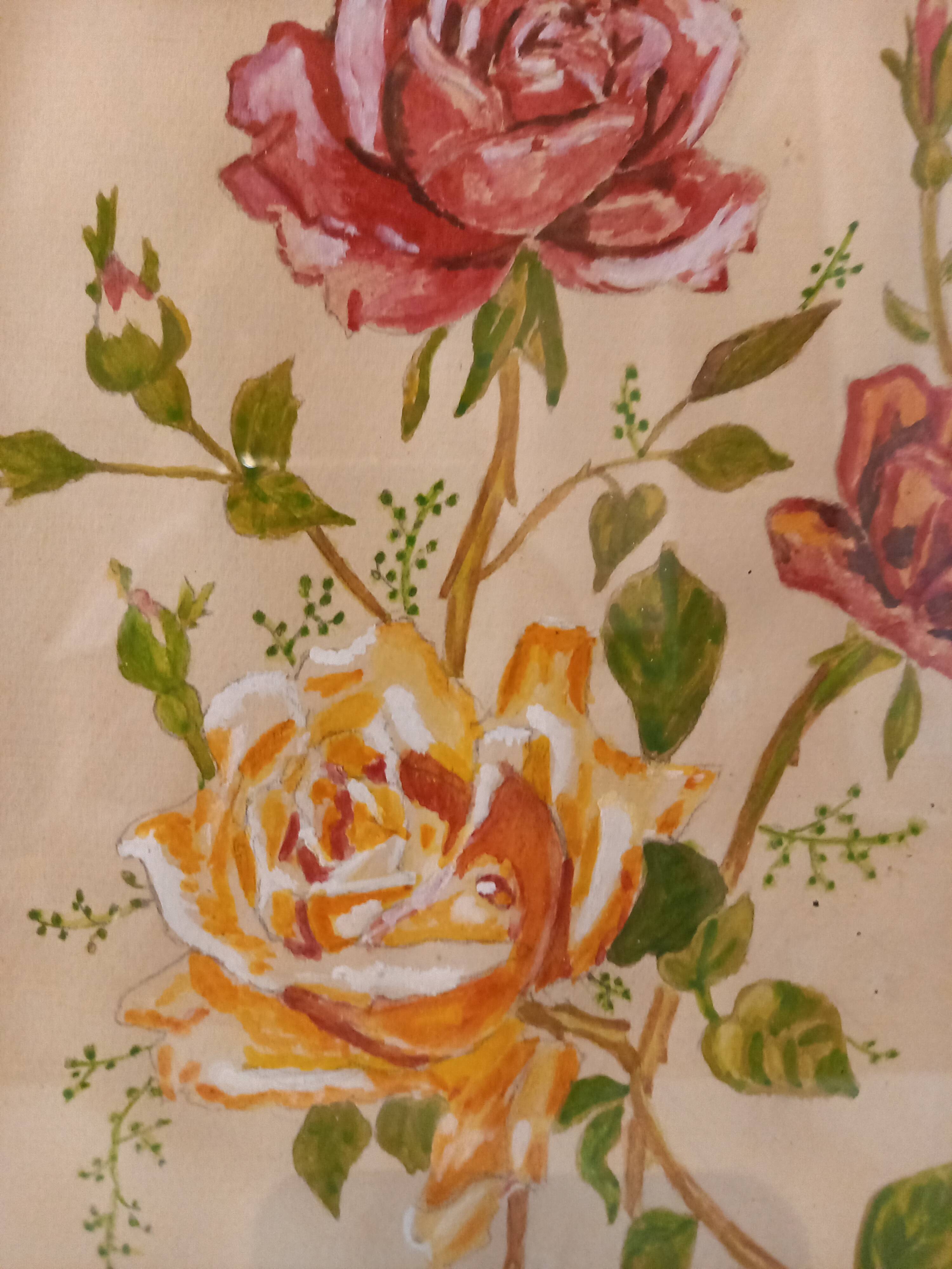 Old painting, gouache on paper, floral composition with roses, framed, under glass