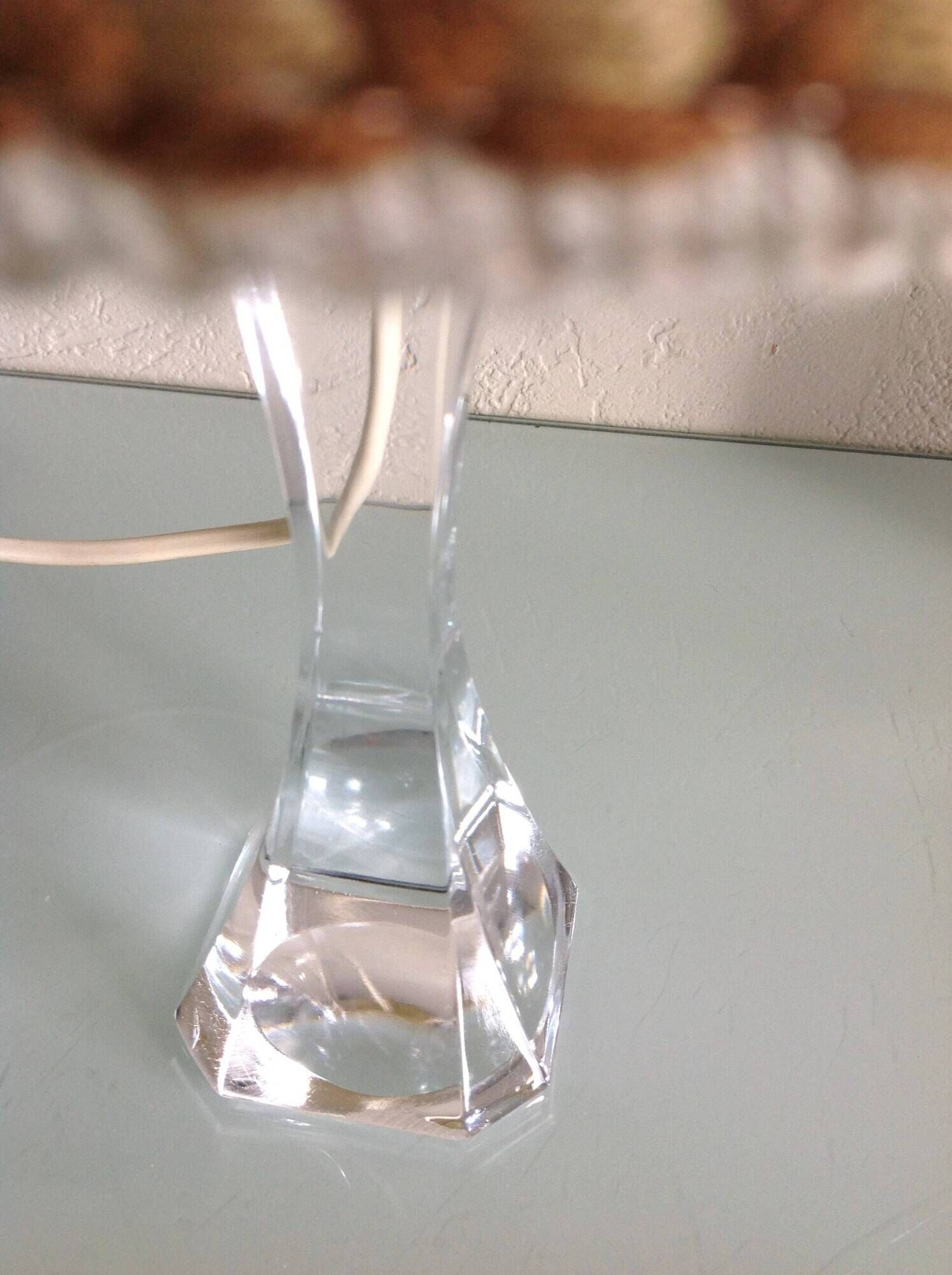 Bedside lamp with glass base and beige fabric lampshade / vintage 60s-70s