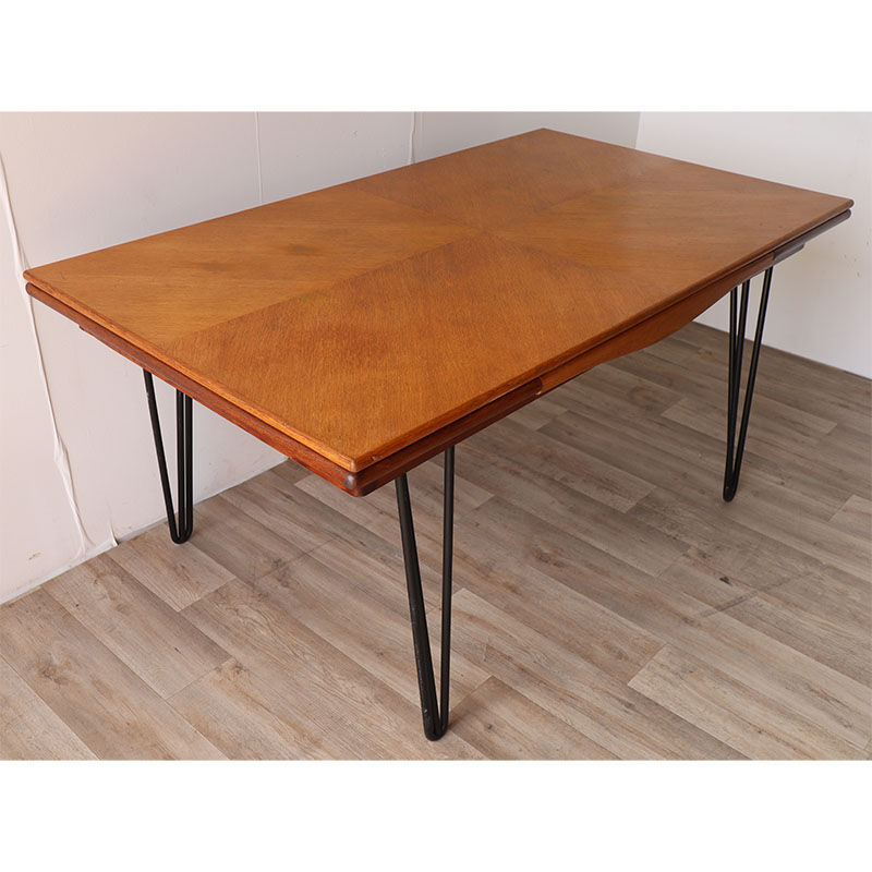 Vintage extendable dining table in wood and metal base, 1950