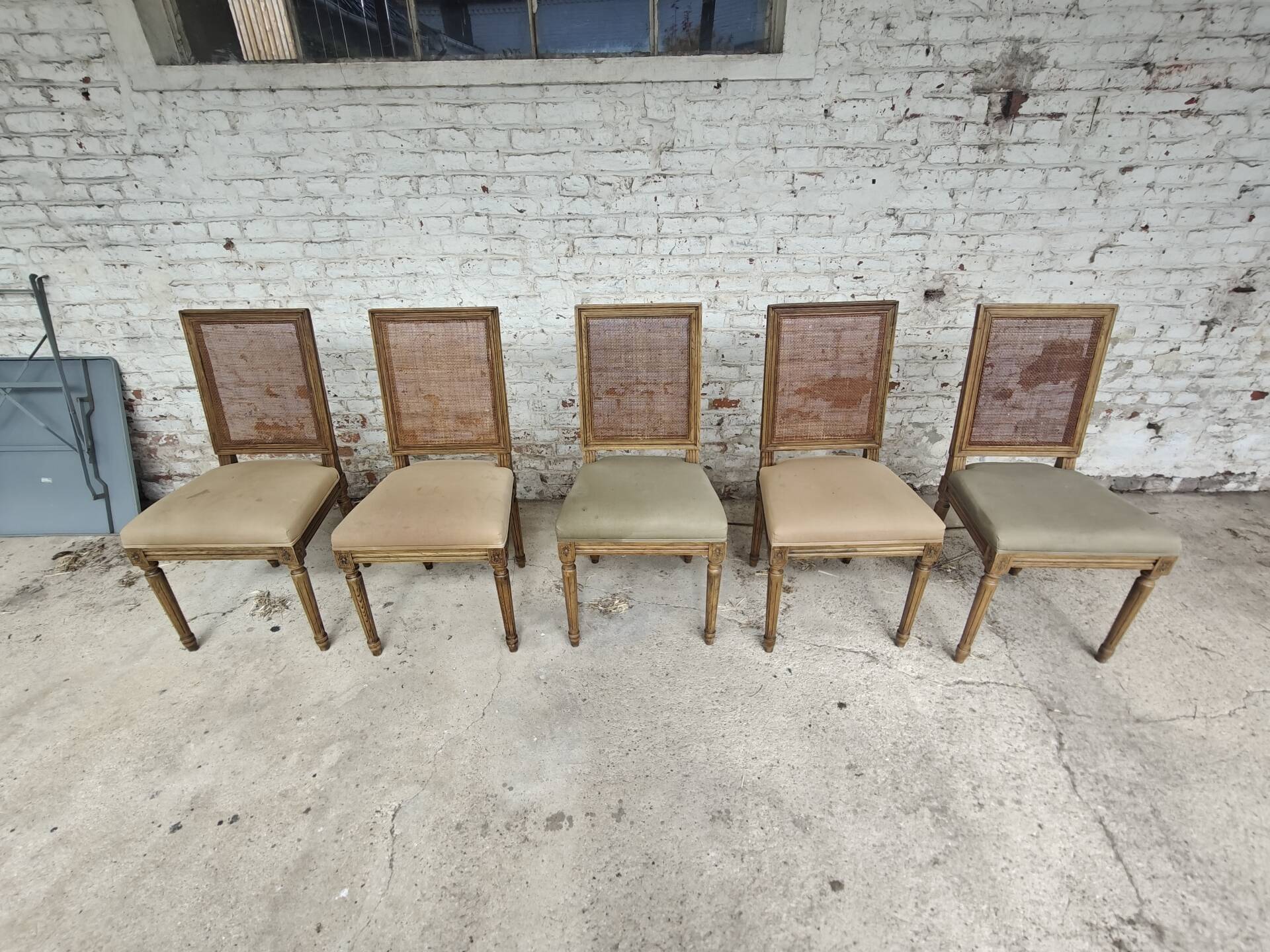 Set of 5 antique wooden and caned chairs.
