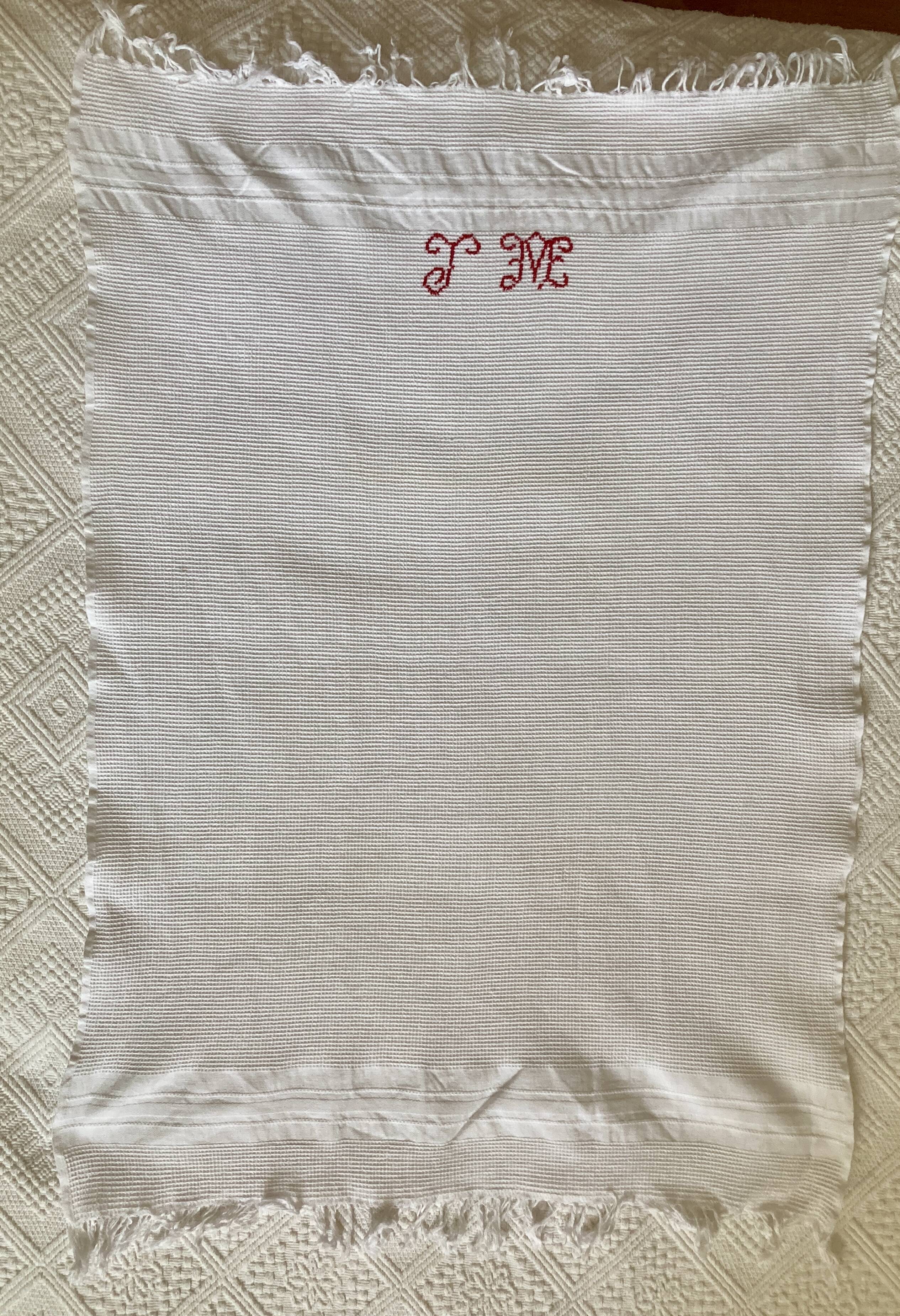 4 antique tea towels - honeycomb - monogrammed JM