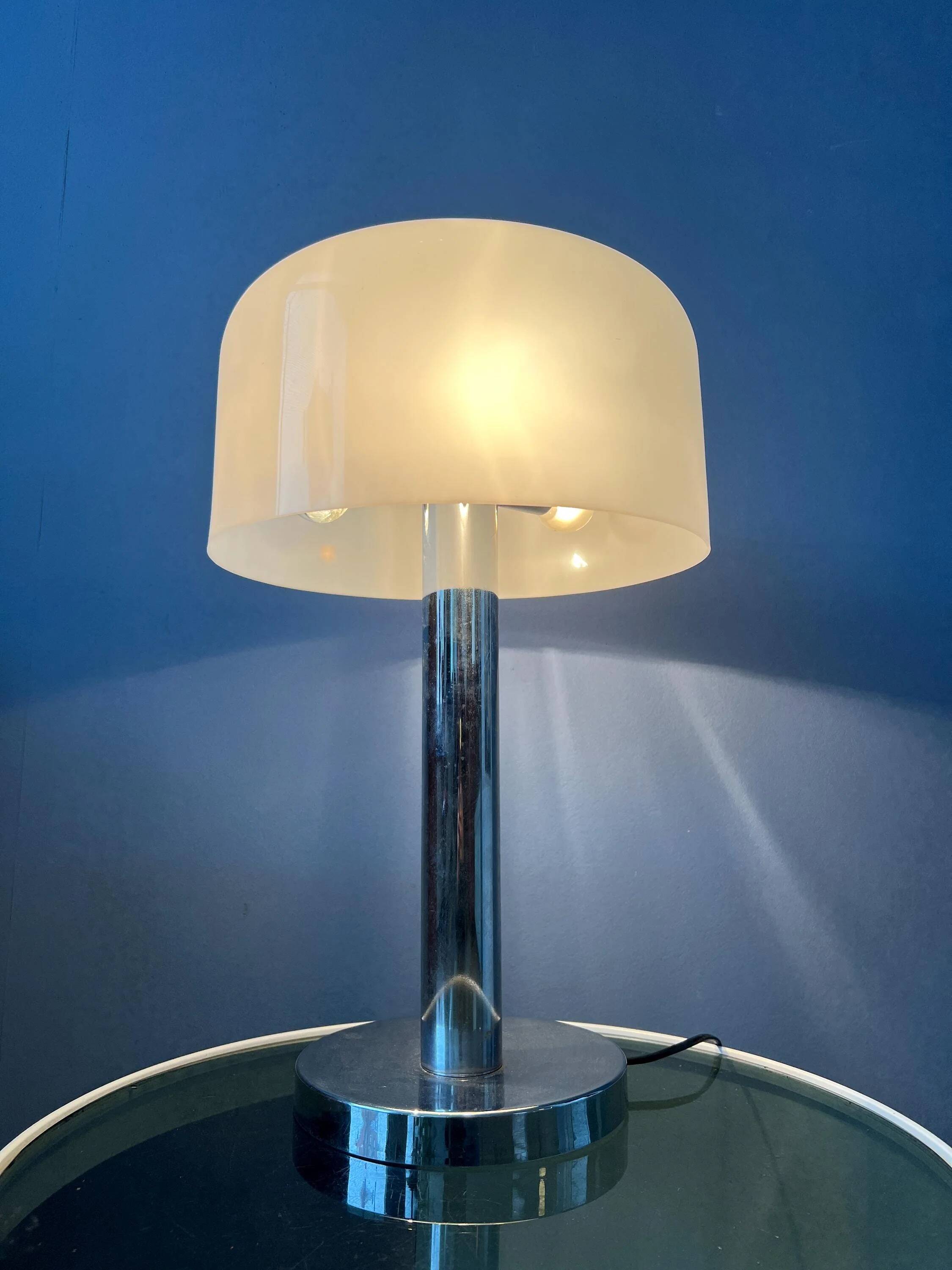 Space Age table lamp in chrome with white plexiglass mushroom shade.