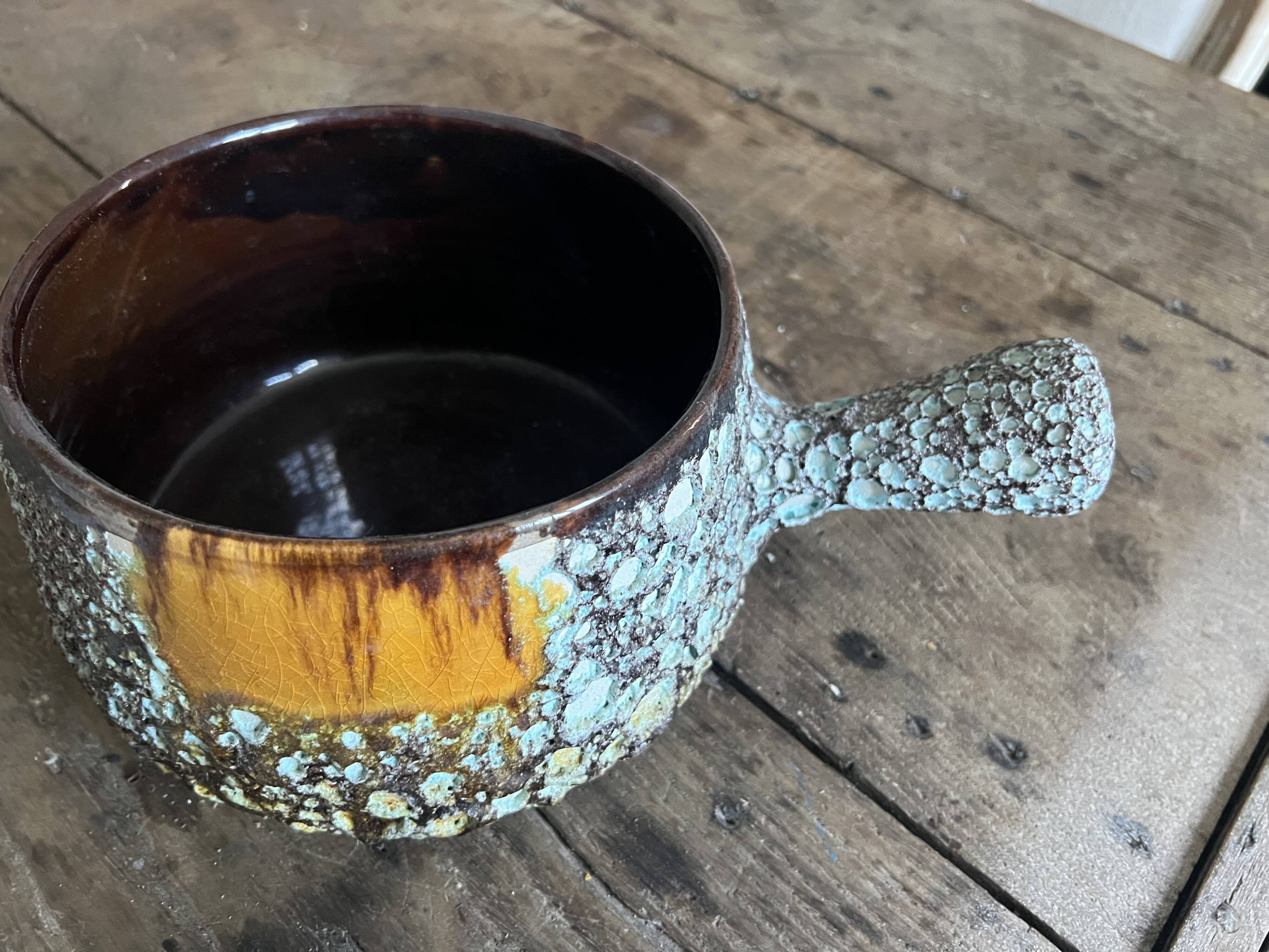 Vallauris ceramic pan – turquoise lava enamel – 1950s/1960s