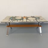 Vintage coffee table from the 60s and 70s in ceramic, chrome metal, and wood.