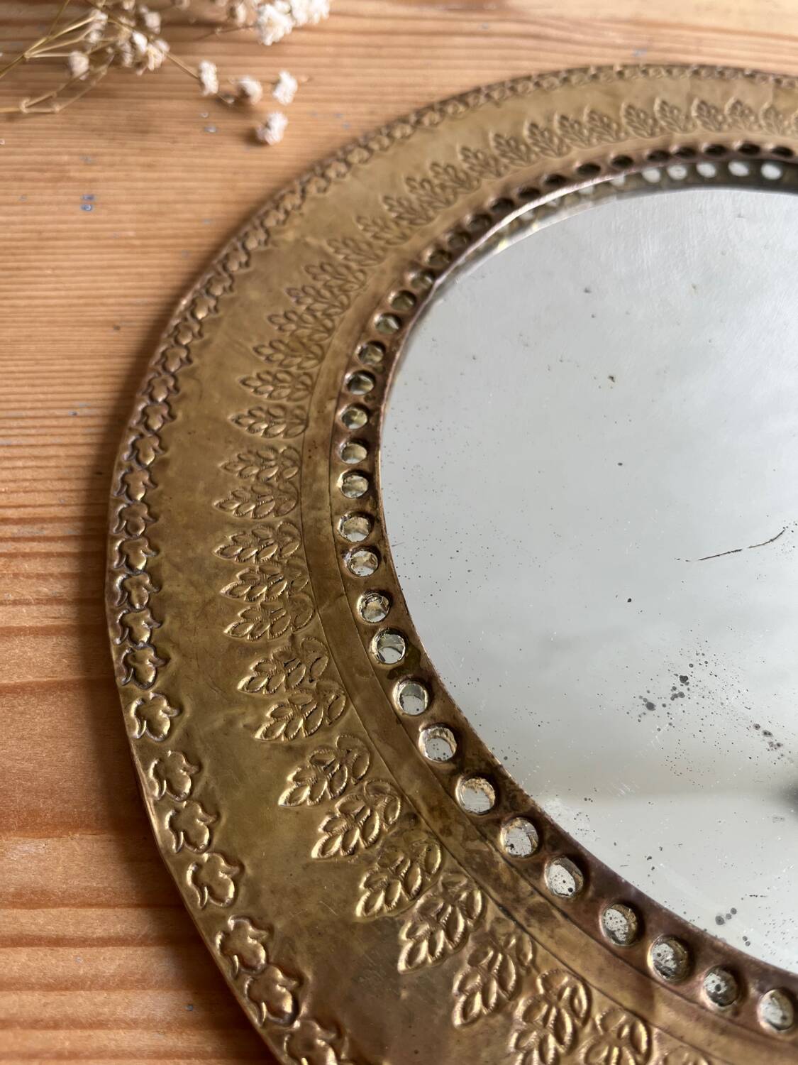 Round hammered brass mirror / vintage openwork