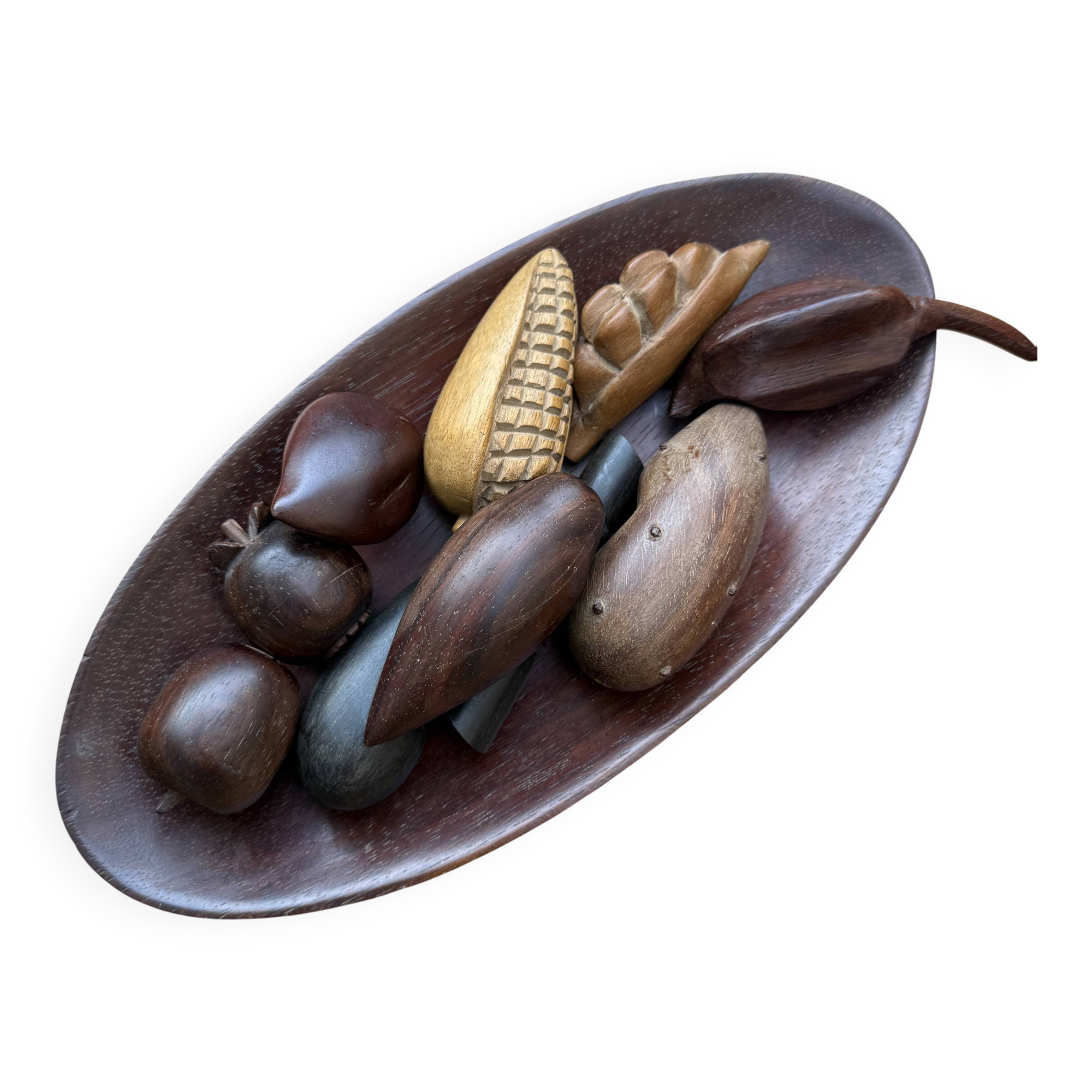 Large vintage carved wooden bowl with decorative fruits – 1970s