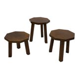Tables d'appoint hexagonales brutalistes en chêne, années 1950, lot de 3