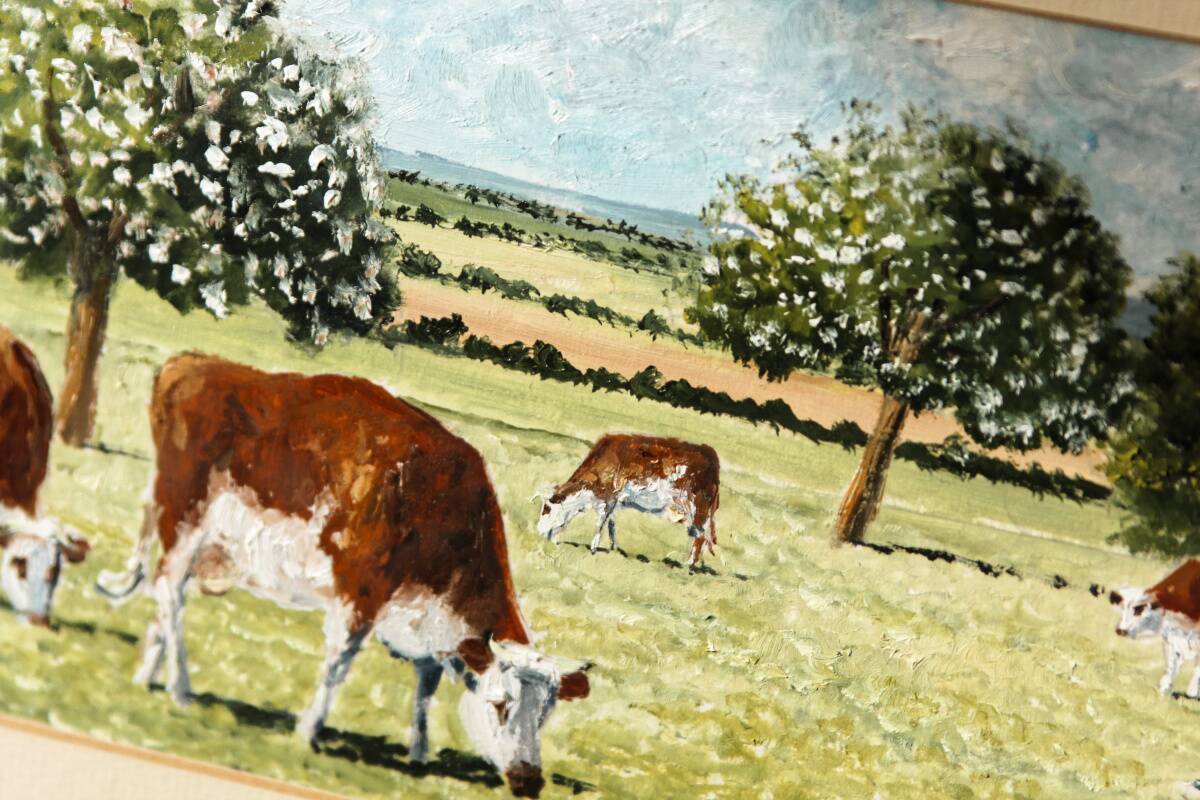 Pastoral oil painting, cows in the meadow
