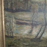 Tableau peinture bois étang signé B Rothmann
