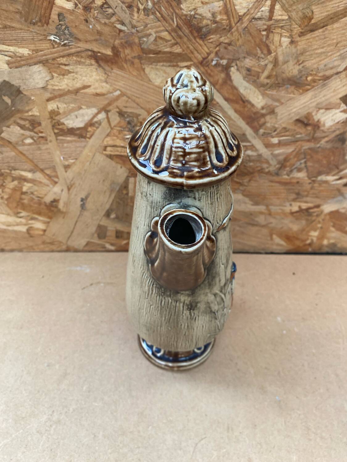 Antique teapot shaped pitcher ceramic brown beige vintage ducks decor