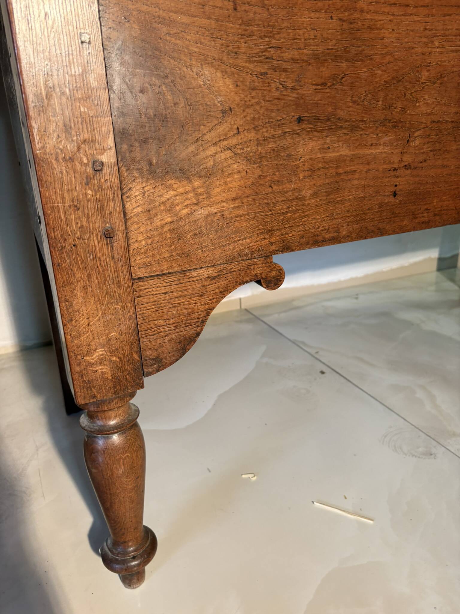 Large antique oak chest with turned legs