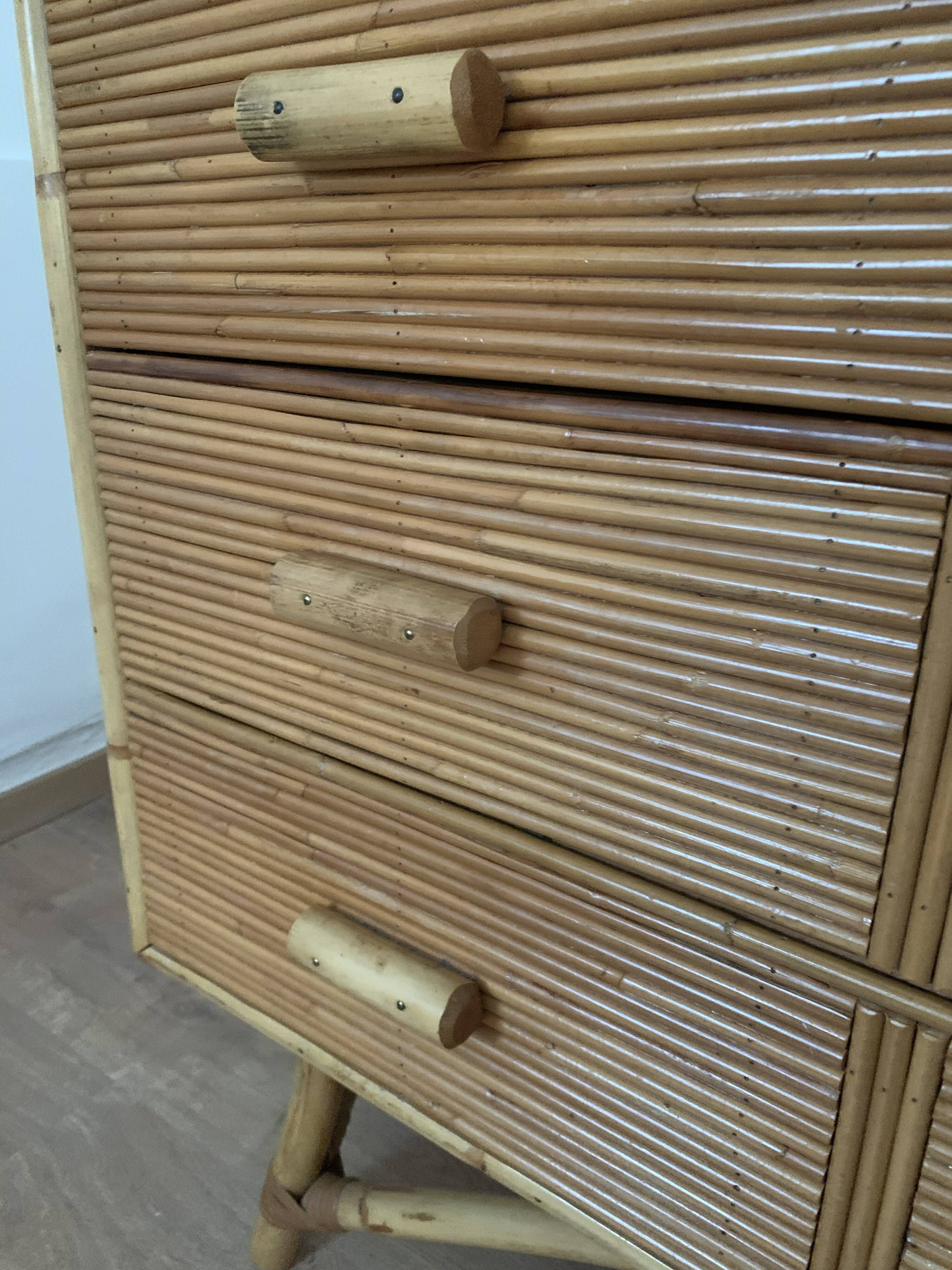 3-drawer rattan/bamboo chest of drawers attributed to Adrien Audoux and Frida Minnet. Circa 1950