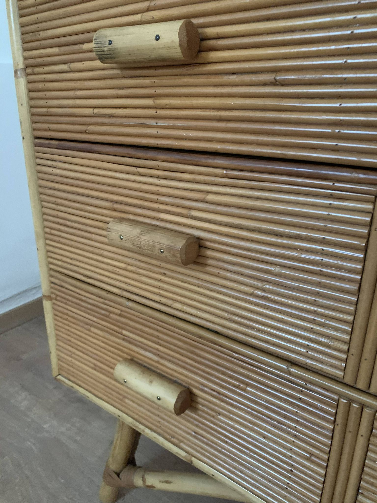 3-drawer rattan/bamboo chest of drawers attributed to Adrien Audoux and Frida Minnet. Circa 1950