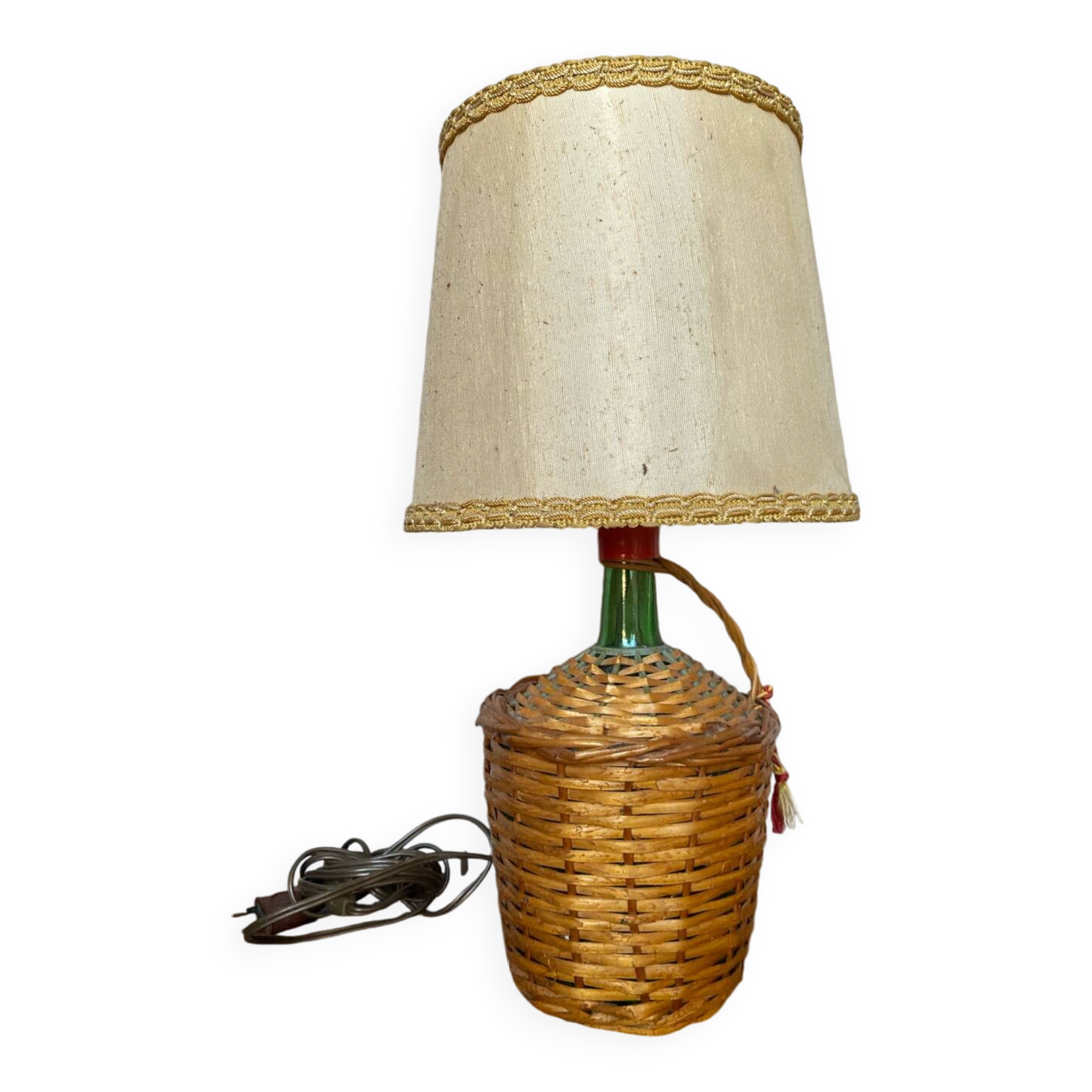 Old wicker dame jeanne lamp + beige lampshade 70's vintage