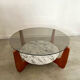 Ancienne table basse design Hugues Poignant vintage années 70 verre et marbre France