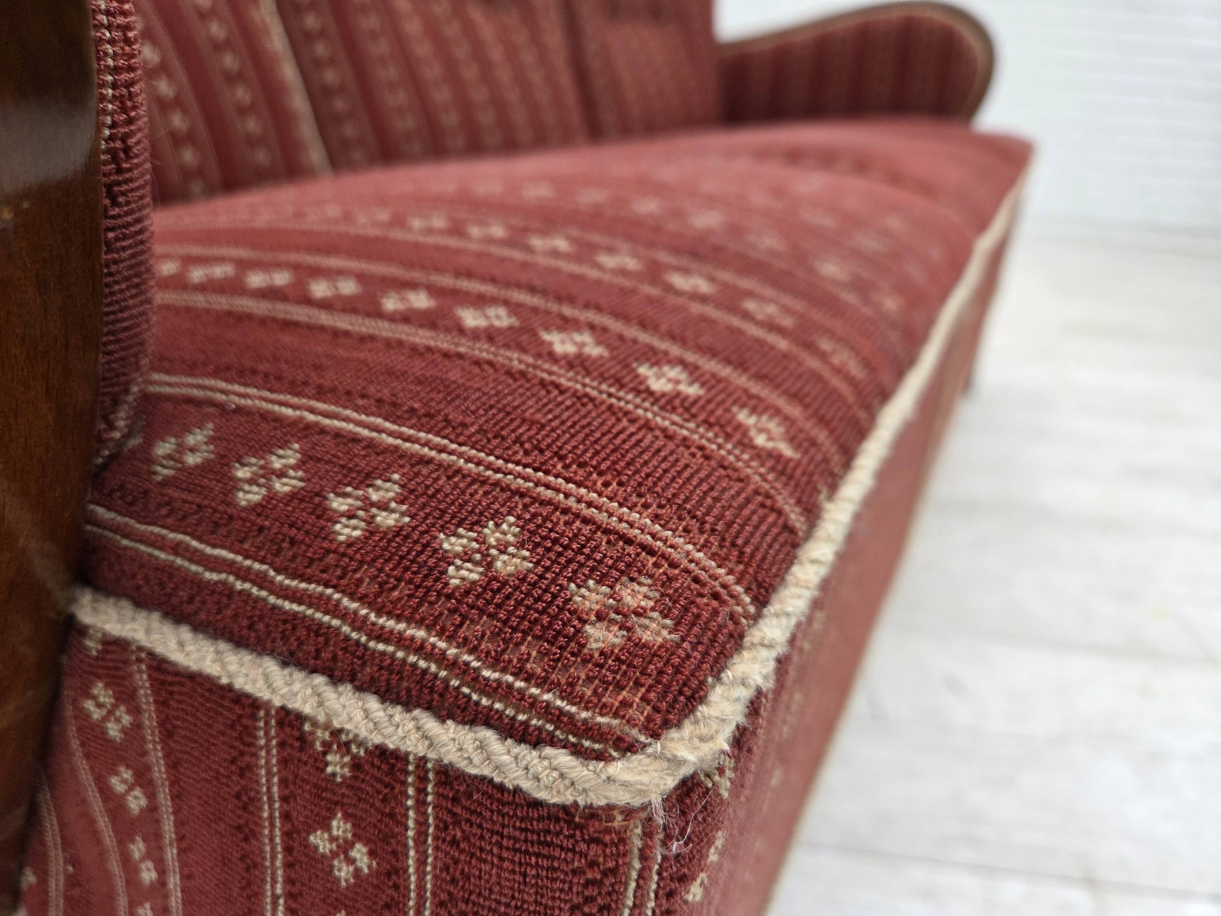 1960s, Danish 3-seater sofa, red furniture wool, beech wood.